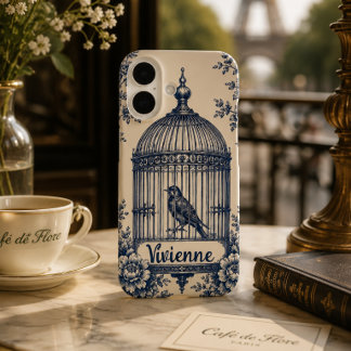 Personalisierter blauer Vogelkäfig-Toile iPhone 16 Hülle