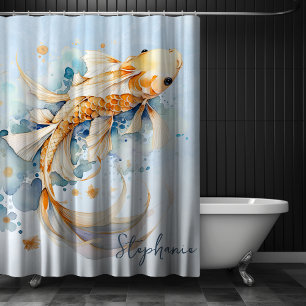 Personalisierter blauer Wasserfarben-Gold-Koi-Fisc Duschvorhang