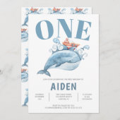 Personalisierter Blauer Whale der ersten Geburtsta Einladung (Vorne/Hinten)