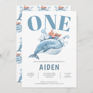 Personalisierter Blauer Whale der ersten Geburtsta Einladung