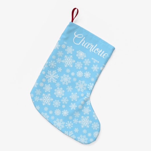 Personalisierter blauer Winter Schneeflocken Kleiner Weihnachtsstrumpf (Vorderansicht (hängend))