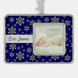 Personalisierter Blue-Gold-Schneeflocken Rahmen-Ornament Silber