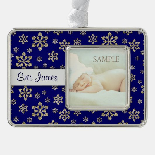 Personalisierter Blue-Gold-Schneeflocken Rahmen-Ornament Silber (Vorderseite)