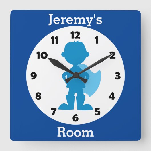 Personalisierter Blue Superhero Kinderraum Quadratische Wanduhr (Vorderseite)
