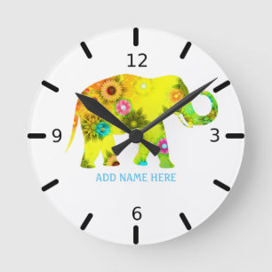 Personalisierter Blumenelefant Runde Wanduhr
