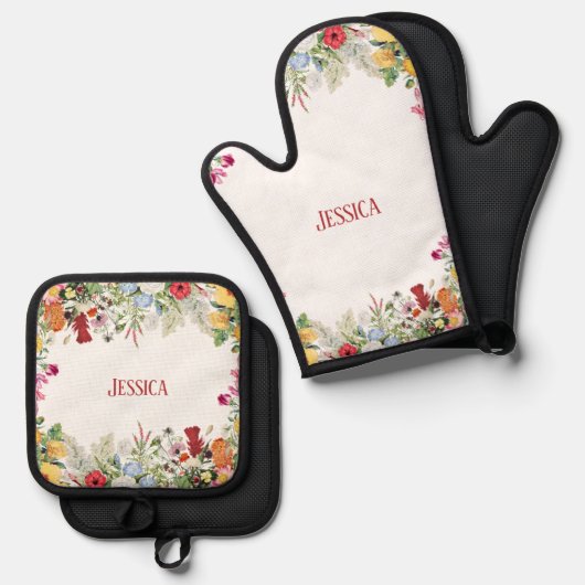 Personalisierter Blumengarten Farbige Blume Ofenhandschuh & Topflappen-Set (Vorderseite/Rückseite)
