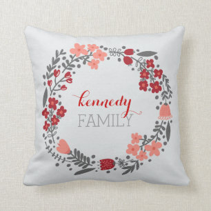 Personalisierter Blumenkranz Monogramm Rot Grau Kissen