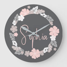 Personalisierter Blumenname Pink Große Wanduhr