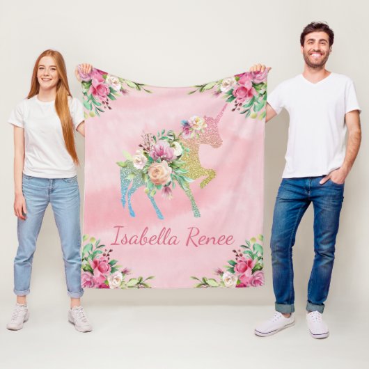 Personalisierter Blumenregenbogen-GlitzerUnicorn Fleecedecke (Beispiel)