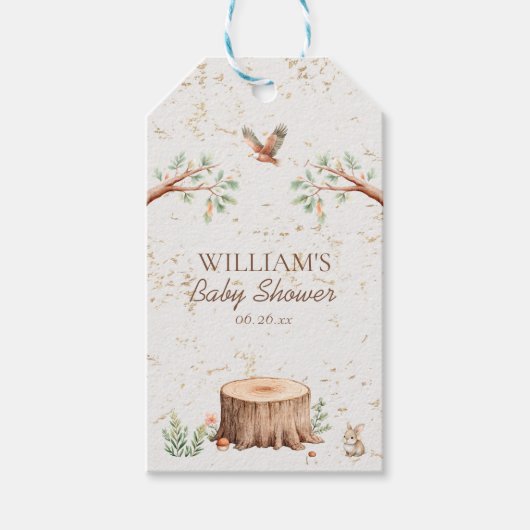 Personalisierter Boho-Wald-Babyshower-Hintergrund Geschenkanhänger (Vorderseite)