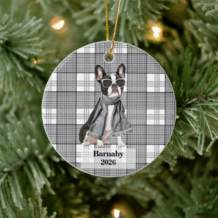 Personalisierter Boston Terrier Schwarz Weiß Karie Keramik Ornament