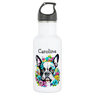 Personalisierter Boston Terrier umgeben von Blumen Edelstahlflasche
