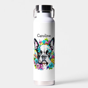 Personalisierter Boston Terrier umgeben von Blumen Trinkflasche