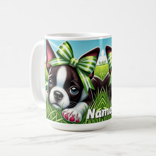 Personalisierter Boston Terrier Welpe mit grünem B Kaffeetasse (Vorderseite Links)