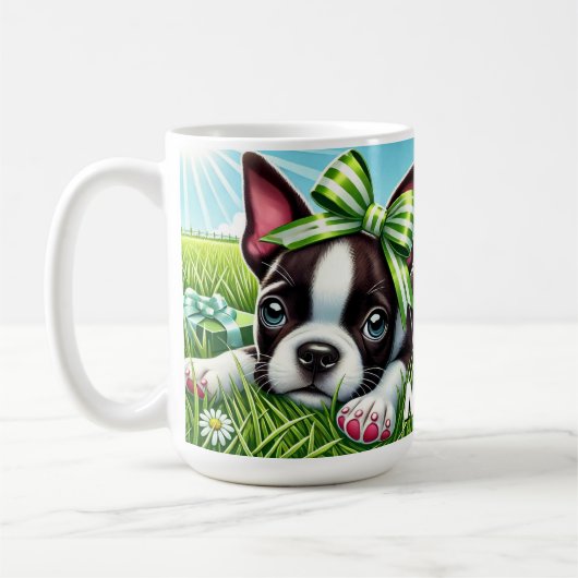 Personalisierter Boston Terrier Welpe mit grünem B Kaffeetasse (Links)