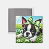 Personalisierter Boston Terrier Welpe mit grünem B Magnet (Vorderseite/Rückseite)