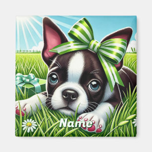 Personalisierter Boston-Terrier-Welpe mit grünem S Magnet