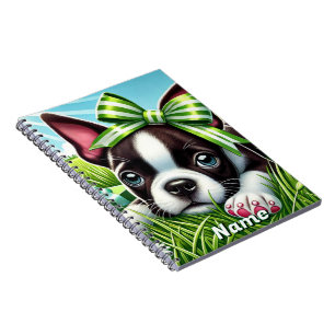 Personalisierter Boston-Terrier-Welpe mit grünem S Notizblock