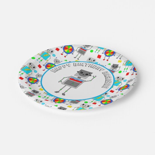 Personalisierter Boy's Birthday Robot Pappteller (Schrägansicht)