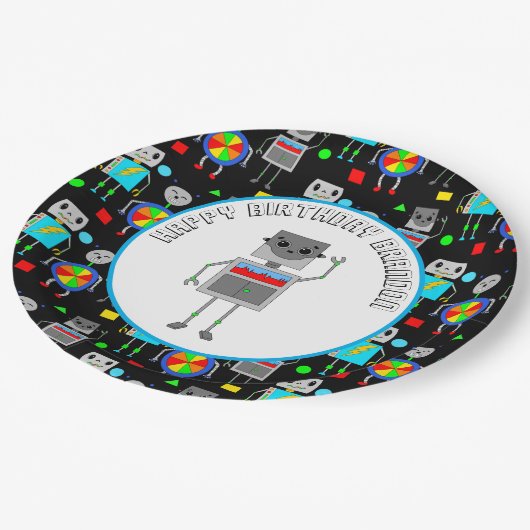 Personalisierter Boy's Birthday Robot Pappteller (Schrägansicht)