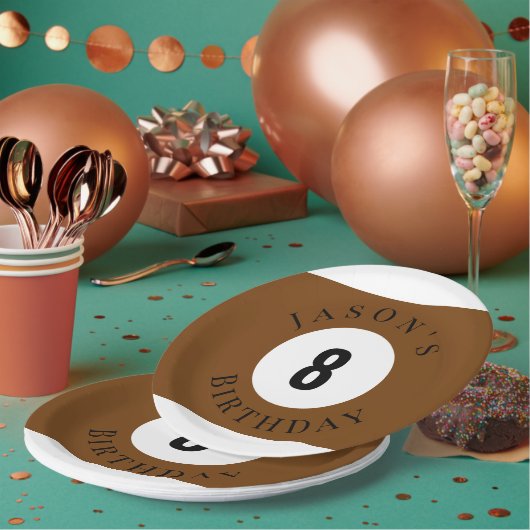 Personalisierter Brauner Billard-Poolball Geburtst Pappteller (Multi)
