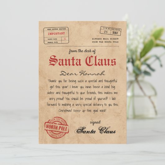 Personalisierter Brief vom Weihnachtsmann Einladung (Stehend Vorderseite)