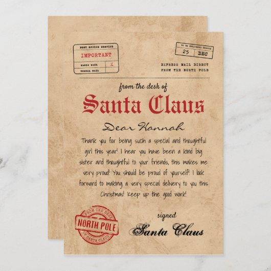 Personalisierter Brief vom Weihnachtsmann Einladung (Vorne/Hinten)