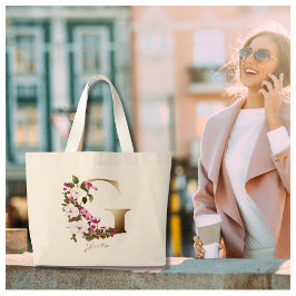 Personalisierter Buchstabe G Elegant Floral Gold M Jumbo Stoffbeutel