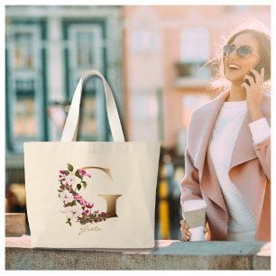 Personalisierter Buchstabe G Elegant Floral Gold M Jumbo Stoffbeutel