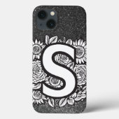Personalisierter Buchstabe S Schwarzweiß-Glitzer Case-Mate iPhone Hülle (Rückseite)