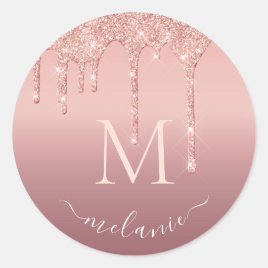 Personalisierter Buchstabenname Rose Gold Glitzer  Runder Aufkleber (Vorderseite)