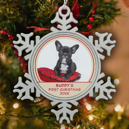 Personalisierter Bulldog Welpe 1 Weihnachtsmann Fo Schneeflocken Zinn-Ornament