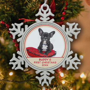 Personalisierter Bulldog Welpe 1 Weihnachtsmann Fo Schneeflocken Zinn-Ornament