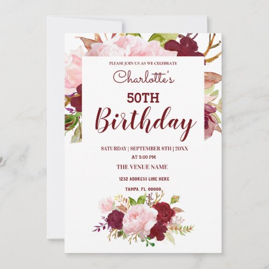 Personalisierter Burgund Floral Geburtstag Einladung (Vorderseite)