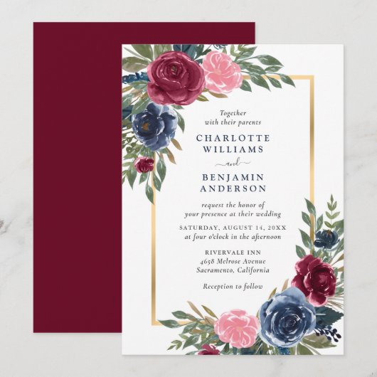 Personalisierter Burgund Navy Blue Gold Floral Einladung (Vorne/Hinten)