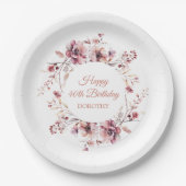 Personalisierter Burgund Pink Blütenbraun 40. Gebu Pappteller (Vorderseite)