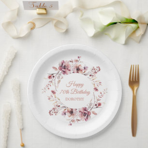 Personalisierter Burgund Pink Floral 70. Geburtsta Pappteller