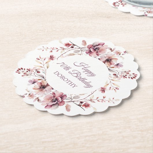 Personalisierter Burgund Pink Floral 70. Geburtsta Untersetzer (angewinkelt)