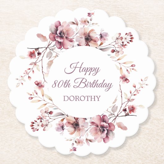 Personalisierter Burgund Pink Floral 80. Geburtsta Untersetzer (Vorderseite)