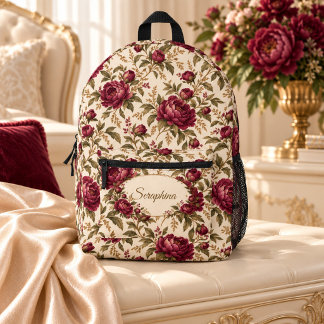 Personalisierter Burgunder-Pfingstrosen-Elfenbein- Bedruckter Rucksack