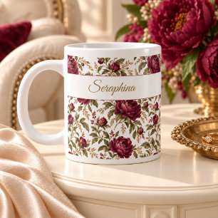 Personalisierter burgunderfarbener Pfingstrosen-Bl Jumbo-Tasse