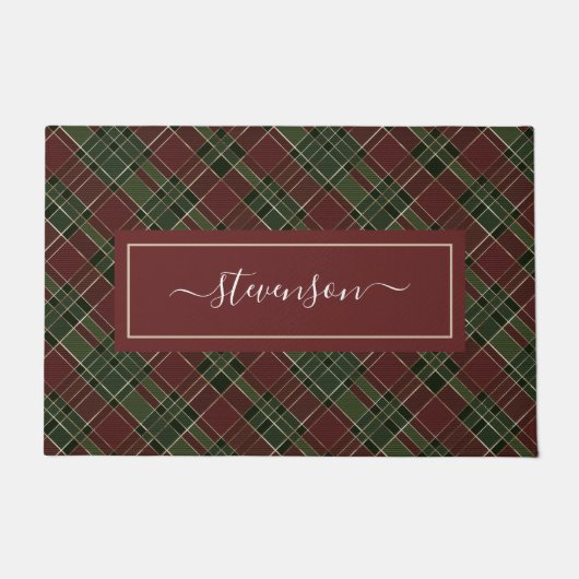 Personalisierter Burgundy Green Kariert Holiday Fußmatte (Vorderseite)