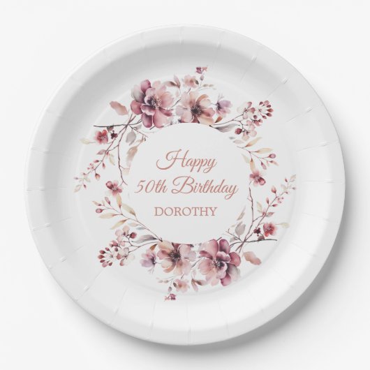 Personalisierter Burgundy Pink Blüte 50. Geburtsta Pappteller (Vorderseite)
