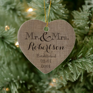 Personalisierter Burlap-Look Rustikaler Wedding Ke Keramik Ornament