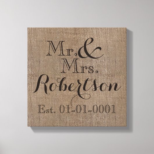 Personalisierter Burlap-Look Rustikaler Wedding Ke Leinwanddruck (Vorderseite)