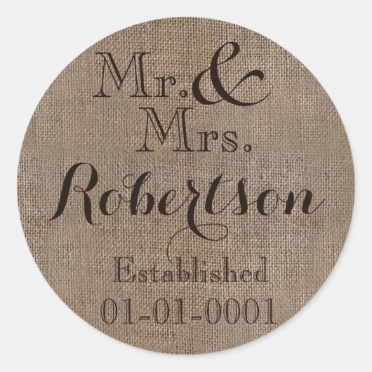 Personalisierter Burlap-Look Rustikaler Wedding Ke Runder Aufkleber (Vorderseite)