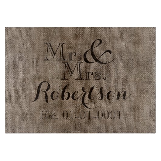 Personalisierter Burlap-Look Rustikaler Wedding Ke Schneidebrett (Vorderseite)