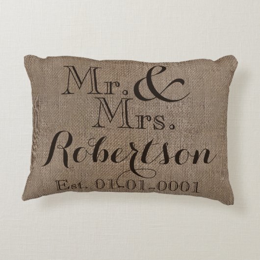 Personalisierter Burlap-Look Rustikaler Wedding Ke Zierkissen (Rückseite)