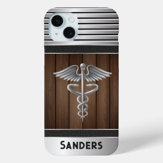 Personalisierter Caduceus Doctor Metal & Wood Case-Mate iPhone Hülle (Rückseite)