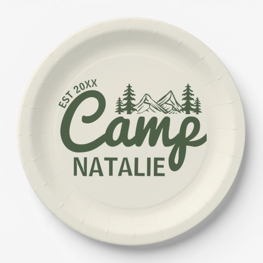 Personalisierter Camp-Junggeselinnen-Abschied Pappteller (Vorderseite)